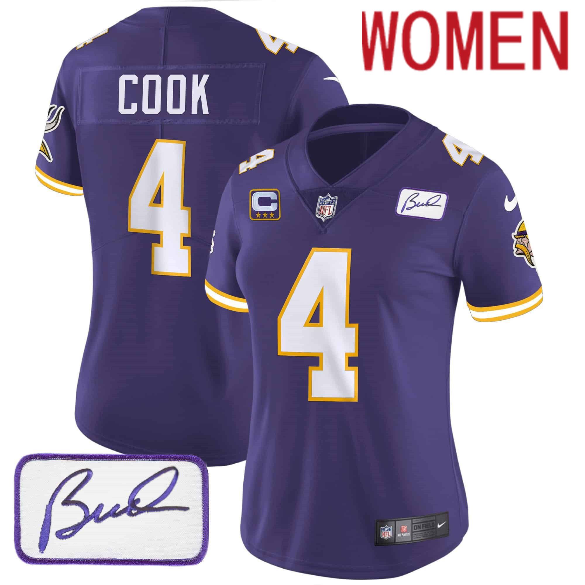 Women Minnesota Vikings 4 Cook Purple 2024 Nike Bud Grant Patch Classic Limited NFL Jersey style 3